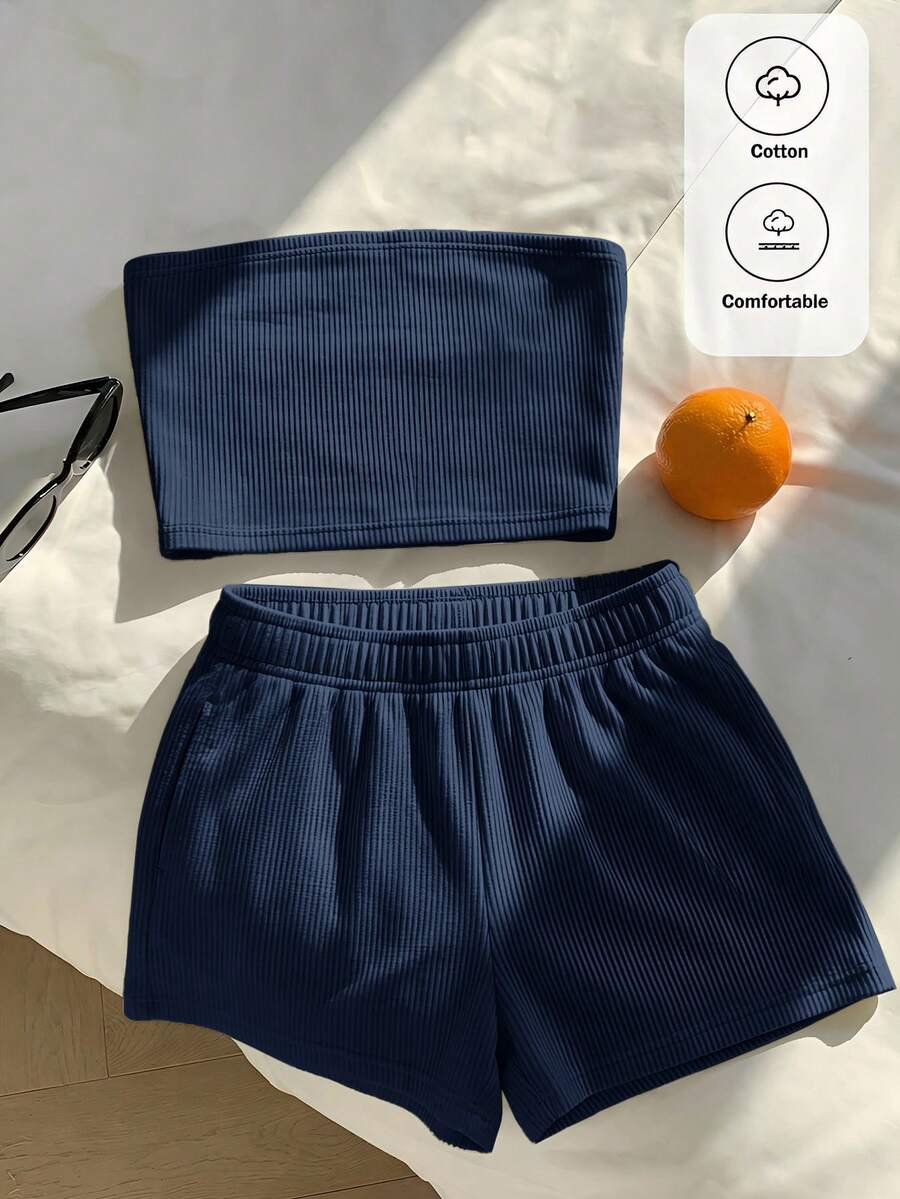 Comfortcana 95%棉夏季休閒海軍藍女款兩件套 - 寶藍色 - 查看 1