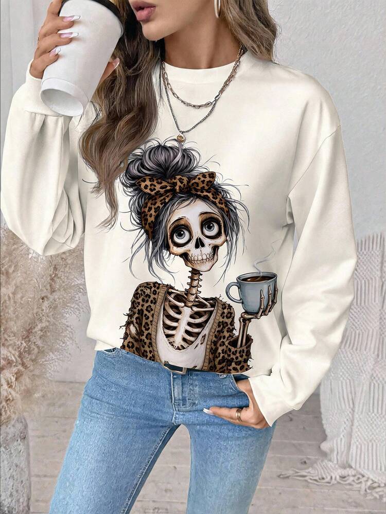 SHEIN LUNE Women's Cartoon Pattern Casual Daily Long Sleeve Sweatshirt - White - View 7