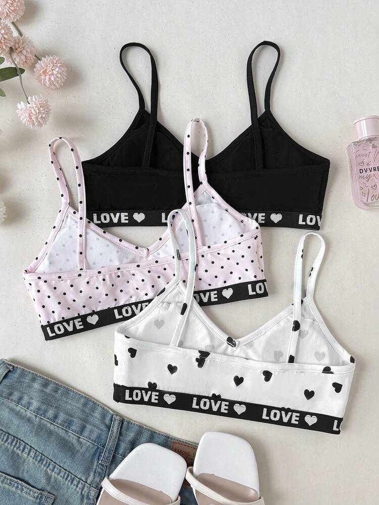 SHEIN Tween Girls Tween Girl 3pcs Minimalist Comfortable Solid Color V-Neck Padded Cotton Strapless Bra Set Polka Dot Heart All Season - Multicolor - View 2