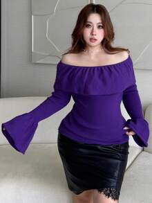 Vibekara Sweater Pullover Lengan Lonceng Berkerut Elegan Seksi Desain Prancis Musim Gugur/Dingin Ukuran Besar untuk Makan Malam dan Acara Keluar Rumah - Purple - View 3