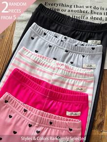 SHEIN 5pcs Randomly Sent 2pcs Spring Summer All Season Girls Heart Stripe Sweet Cute Versatile Pink Grey Black Soft Comfortable Ribbed Knit Leggings - Multicolor - View 6