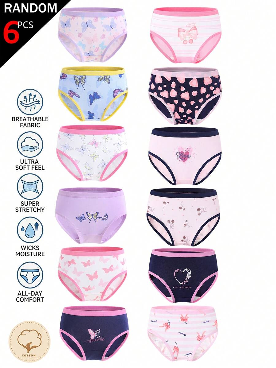 [6 Random Pieces]Tween Girls Brief Panties Set,Hot Pink,Cute Butterfly Heart Pattern Pure Cotton Mystery Box Base Layer Underwear For Spring Summer - Multicolor - View 1