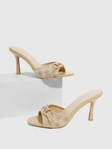 CUCCOO SZL Women Shoes Light Camel Gold Chain Buckle Design Fashionable Daily Commute Round Toe High Heel Slippers - Light camel - View 2