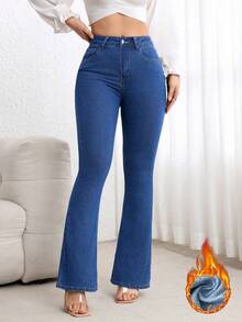 SHEIN ICON Casual Washed Slim Fit Flare Leg Denim Jeans - Blue - View 6
