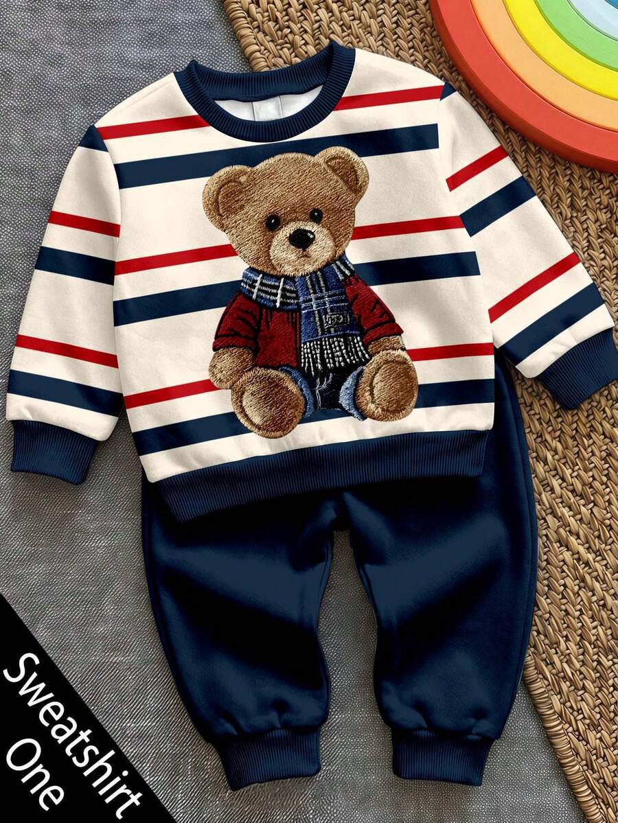 Young Boy Long Sleeve Crew Neck Sweatshirt, Classic Retro Striped Pattern Print, Cute Cartoon Bear Graphic Print, Suitable For Autumn/Winter, Back To School Season - Multicolor - View 1