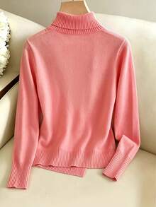 GlowEve Light Pink High Neck Slim Fit Knitted Sweater For Women, Autumn/Winter Niche Design, Asymmetrical Collar, Fitted Slimming Knit Top Brunch Elegant - Pink - View 3
