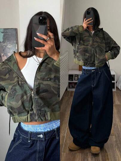 SHEIN Tall Women's Casual Camouflage Street Style Hooded Denim Short Jacket, Tall Women