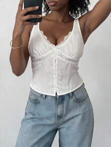 Livesso Women's V-Neck Sleeveless White Solid Lace Trim Button-Up Fitted Cropped Tank Top - White - View 3