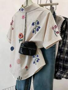GlowEve CURVE 大尺碼女款花卉刺繡圖案條紋休閒可愛仙女風日常穿著早午餐辦公襯衫 白色夏季 - 彩色 - 查看 2