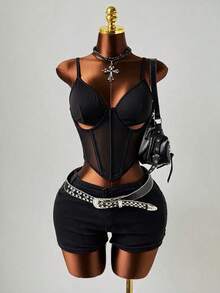 Flirla Plus Size Women's Sexy Mesh Patchwork Hollow Out Bustier Crop Top For Casual OutingsValentine's Day - Black - View 1