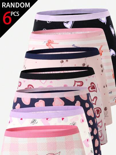[6 Random Piece] Tween Girls Cotton Panties, Cute Heart Butterfly Pattern Navy Blue Pink Striped Pri