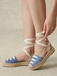 Styleloop 女款藍色綁帶麻繩平底鞋 - 天藍色 - 查看 6