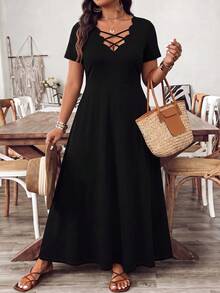 SHEIN Clasi Plus Size Women Summer Black Elegant Business Casual Formal Vacation Dates Dinner Evening Autumn V-Neck Waist Gathered A-Line Dress - Black - View 1