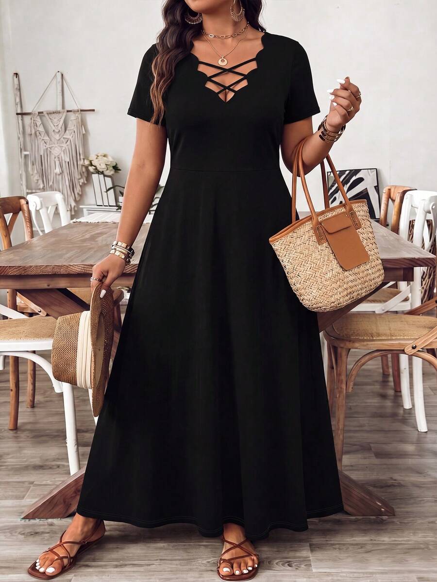 SHEIN Clasi Plus Size Women Summer Black Elegant Business Casual Formal Vacation Dates Dinner Evening Autumn V-Neck Waist Gathered A-Line Dress - Black - View 1