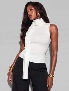 Normani ملابس علوية نسائية بلون موحد برقبة عالية وتصميم شريط بدون أكمام كاجوال من الصوف المحبوك - بيج - مشاهدة 7