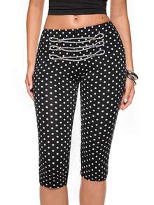 ROMWE Grunge Punk Vintage Napoleon Contrast Webbing Metal Buckle Design Ultra Low Waist Polka Dot Capri Pants - Black - View 8