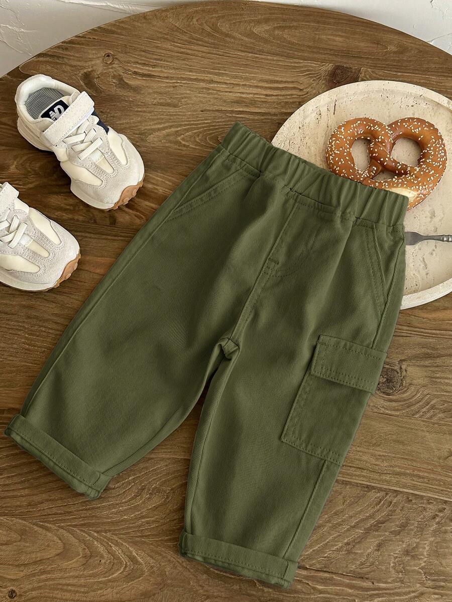SHEIN LMoss Kids 男嬰白色丹寧修身錐腳長褲 - 軍綠色 - 查看 1