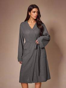 Lazeform Solid Color Minimalist Waffle Knit Long Sleeve Tie Waist Loose Pocket Women's Loungewear Robe - Grey - View 7