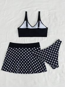 Swim Lushoire 女款夏季海灘波點性感比基尼三角內褲兩件式泳衣套裝附迷你裙 - 黑與白 - 查看 2