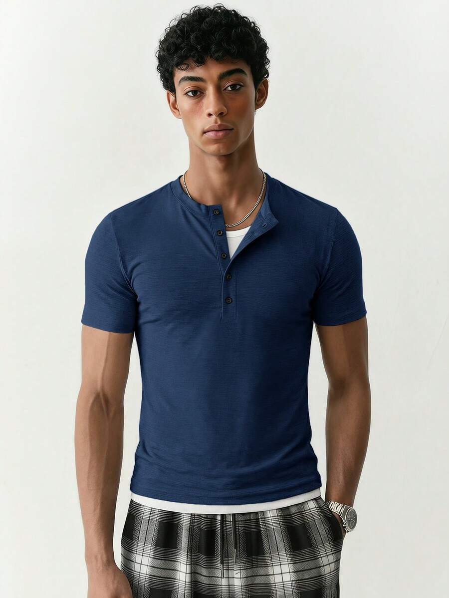 NORVETH Men's Summer Casual Slim Fit Short Sleeve T-Shirt, Standard Size, Light Gray, Plain - Navy Blue - View 1