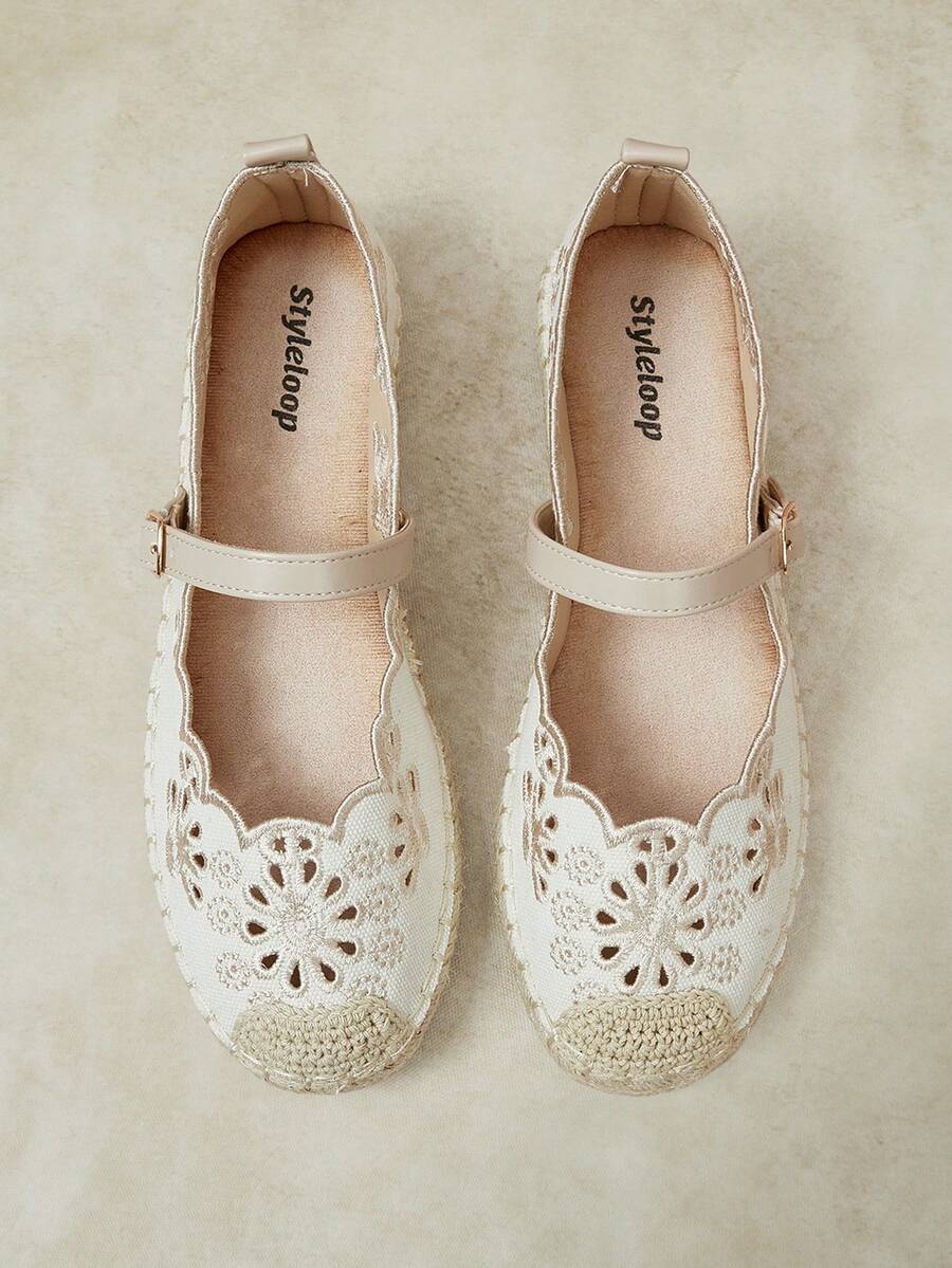 Styleloop Fashion Apricot Embroidery Hollow Building Color Hemp Rope Bottom Women's Flat Sole Shoes Comfortable And Breathable Commuting Suitable For Outdoor Va - Apricot - View 1