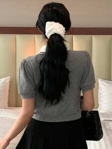 DAZY 女款拼色前綁帶單排扣休閒短袖T恤 - 灰色 - 查看 7