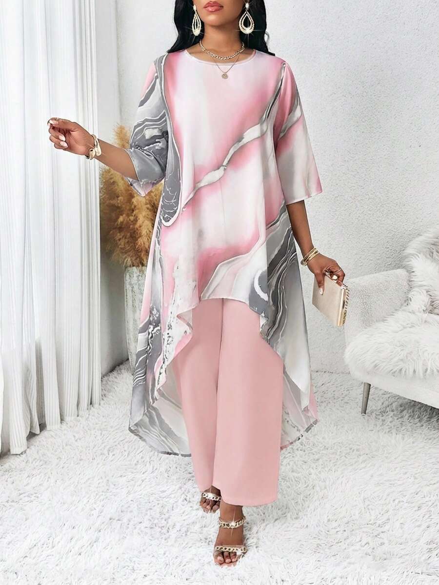 SHEIN Lady 女士圆领宽松不对称印花时尚休闲两件套,夏季 - 粉色 - 查看 1