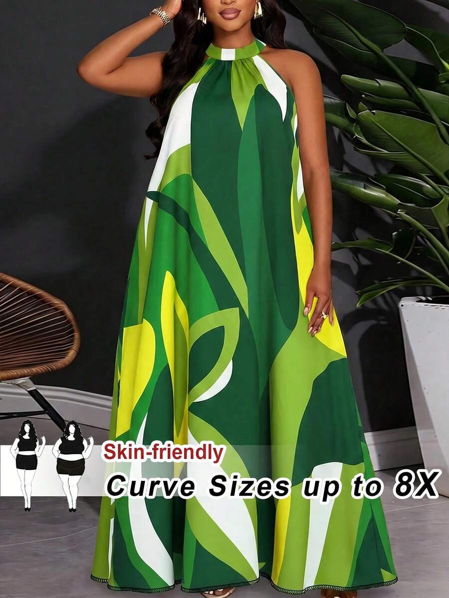 SHEIN CURVE+ 大码女式度假印花宽松连衣裙 - 綠色 - 查看 1