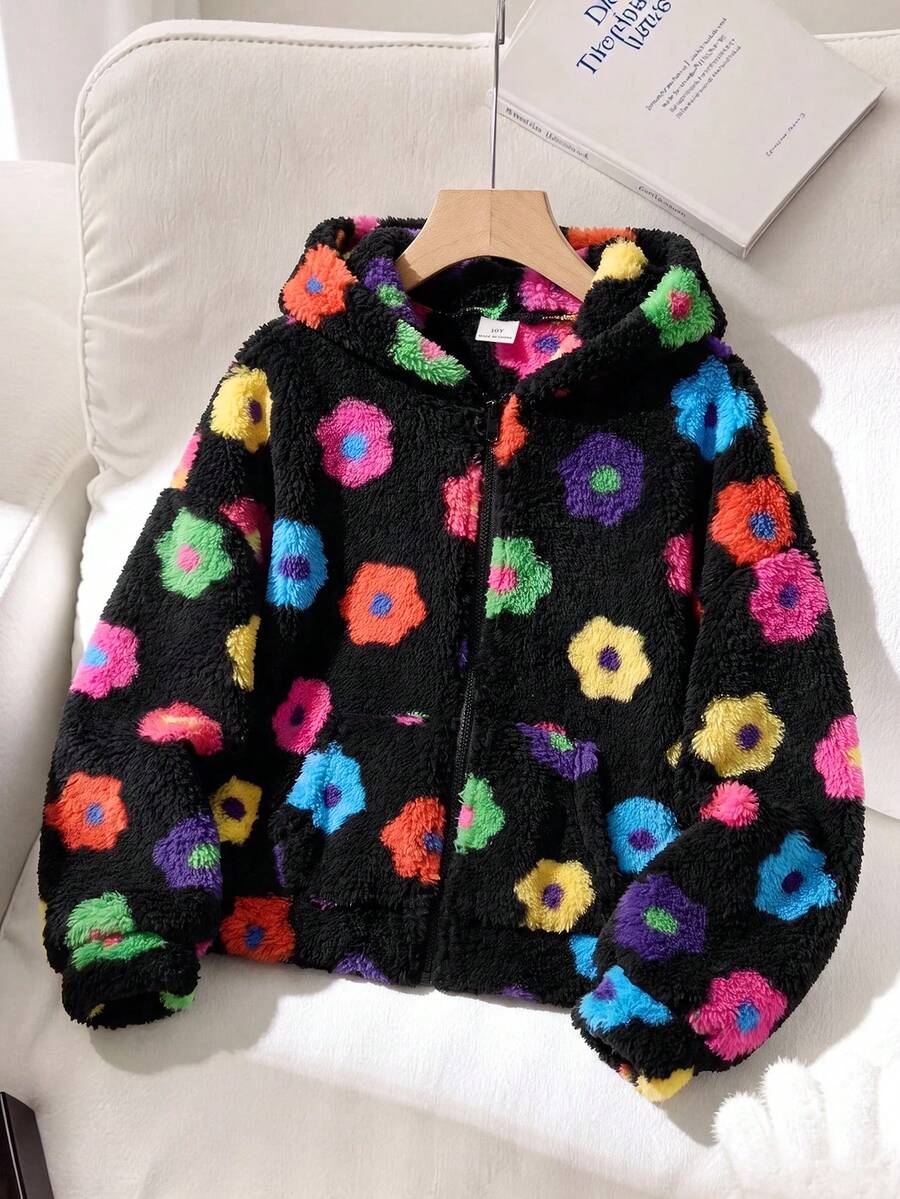 SHEIN Tween Girl 心形刷毛連帽拉鍊外套,適合秋冬戶外穿著 - 黑色 - 查看 1