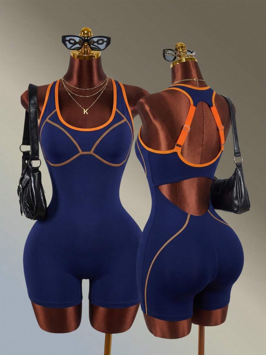 Amplova Marineblau + Orange Farbblock Rückenfrei Neckholder Sport-Romper