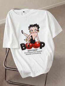 Betty Boop x SHEIN 大码女式字母印花圆领短袖T恤 - 白色 - 查看 1