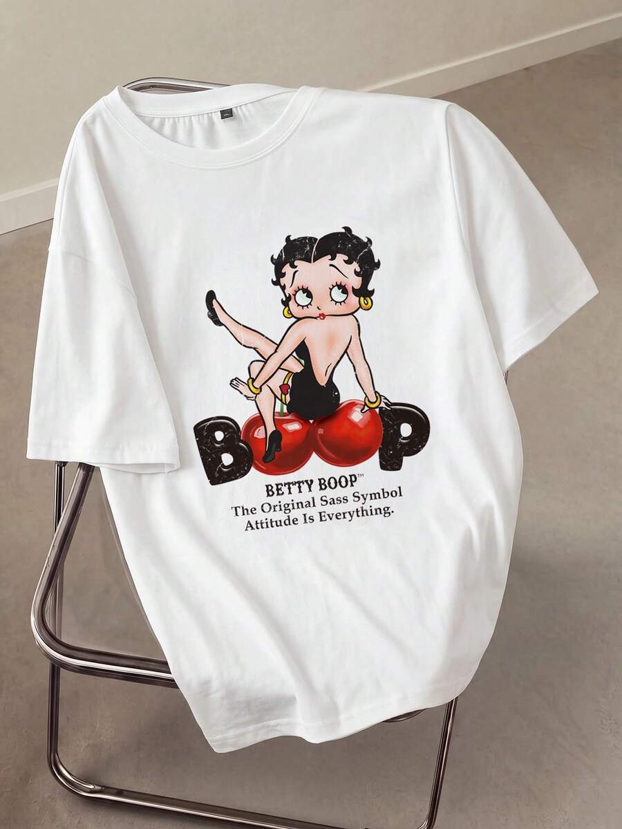 Betty Boop x SHEIN 大码女式字母印花圆领短袖T恤 - 白色 - 查看 1