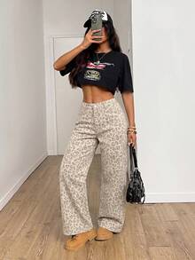 SHEIN PETITE 女款豹紋印花口袋鈕扣休閒百搭日常穿著牛仔褲 秋季教師褲 - 彩色 - 查看 3