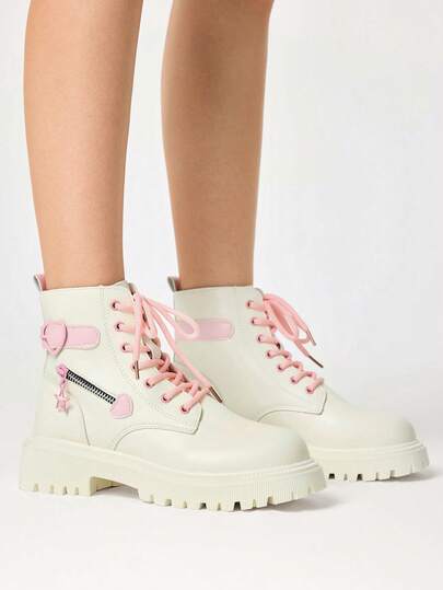 Kawaii Women's Ankle Boots, Dark Rock Punk Goth Boots Y2K Locomotive Ankle Boots, With Wedge Heel Thick-Soled Knight Boots, Love Buckle Lace-Up Boots