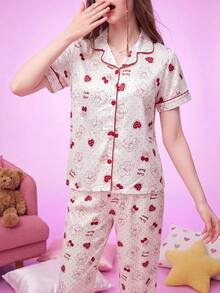 Provexi Provexi Women's All-Over Print Short Sleeve Top And Long Pants Casual Cute Daily Lounge Home Sleepwear Set Red And White Autumn - Multicolor - View 4