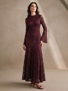 Anewsta Petite Petite Women's Long Summer Dress, Elegant Spring Women's Long-Sleeved Lace Dress, Round Neck Slim-Fit Long-Sleeved Dress, Suitable For New Year's, Christmas, Valentine's Day, Parties, Weddings And Other Occasions, Fashionable, Elegant And Formal. - Burgundy - View 7