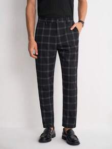 RONVEXI Men Plaid Print Slant Pocket Suit Pants For Ceremony Formal - Black - View 4