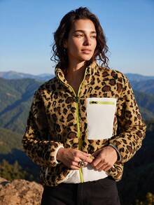 Exploreva Exploreva Women's Leopard Print Fleece Outdoor Jacket - Brown - View 4