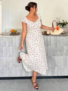 Firerie Plus Size Summer Casual Ditsy Floral Contrast Lace Heart Neck Dress - Apricot - View 7