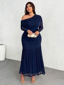 Firerie Plus Size Elegant Solid Color Cold Shoulder Halter Neck Dress Fall - Blue - View 7