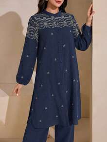 Graceveil 刺繡寬鬆外套與長褲女款日常阿拉伯風服裝套裝 - 寶藍色 - 查看 8