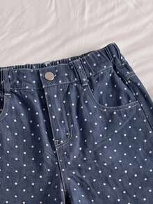 SHEIN 女童牛仔褲，四季新款，Y2K街頭風復古藍色波點，彈性腰帶設計，休閒校園日常夏季校園運動 - 深色水洗藍 - 查看 4