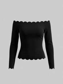 SHEIN BASICS 女款優雅純色露肩修身長袖T恤 - 黑色 - 查看 9