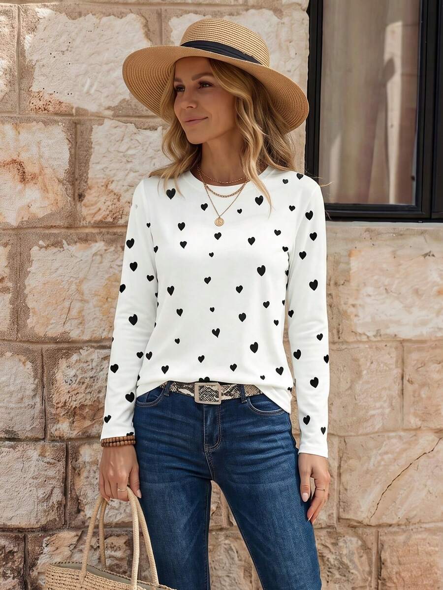EMERY ROSE Valentine's Day Heart Print Long Sleeve T-Shirt - Multicolor - View 1