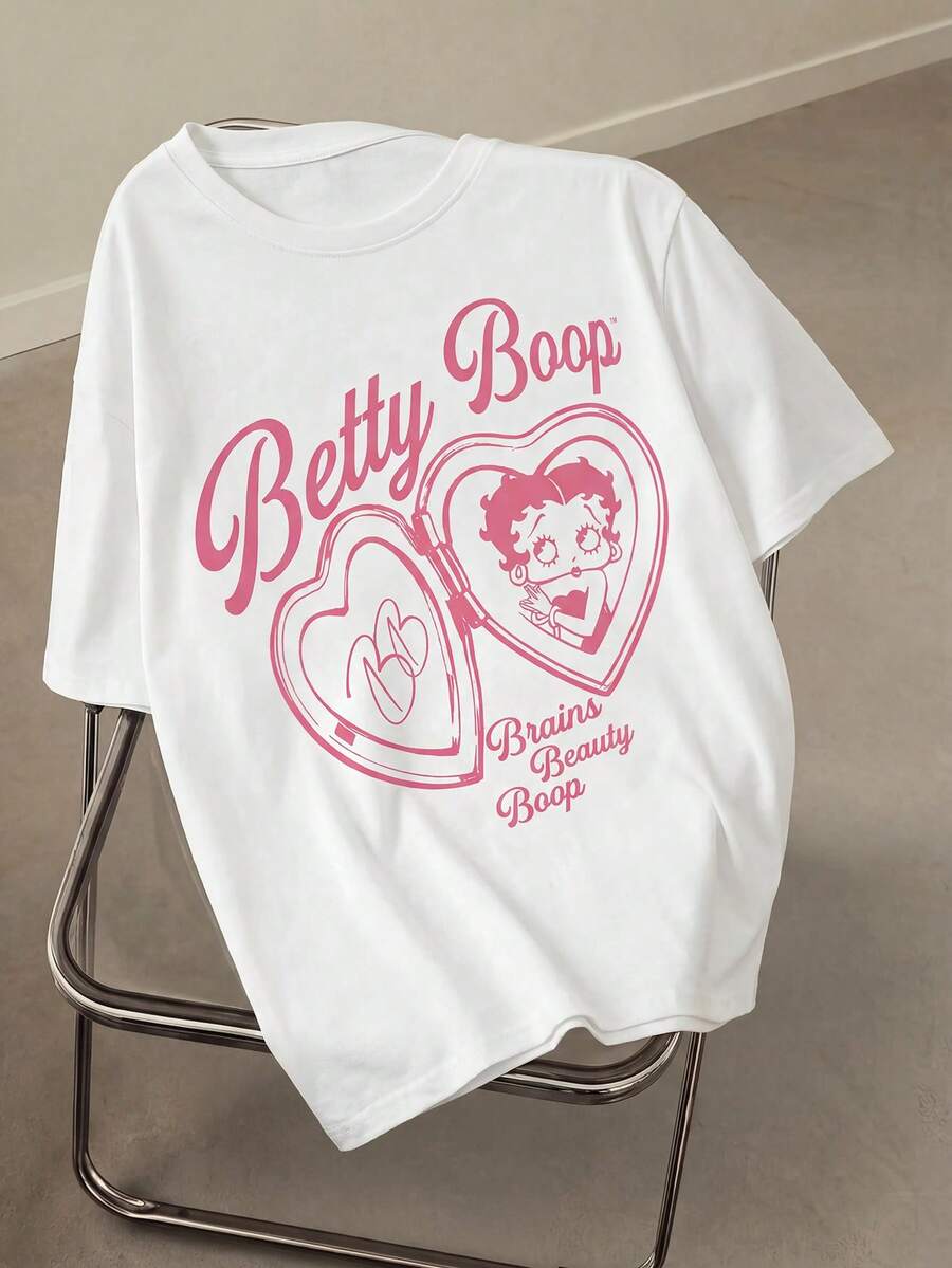 Betty Boop x SHEIN 大尺碼卡通圖案字母印花圓領短袖T恤 - 白色 - 查看 1