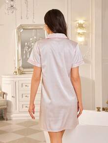 LuxeNights Pink Satin Lapel Short Sleeve Front Button Nightgown With Pocket Embroidery Detail - Pink - View 3