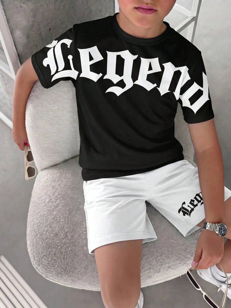 青少年男孩休閒舒適時尚極簡圓領短袖T恤與短褲套裝,經典酷哥德文字圖案印花,適合街頭穿搭,適合春夏 - 彩色 - 查看 1