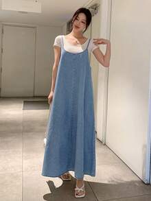 DAZY Women's Denim Casual Slip Dress, Simple & Fashionable For Daily Wear Sundress Maxi Dress - Medium Wash - View 4
