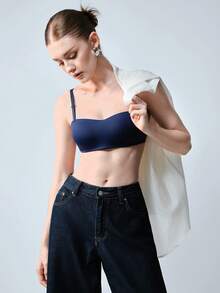 Softvol 1件式女款舒適休閒無鋼圈性感柔軟輕盈半罩杯純色Bralette內衣，可調節肩帶 - 寶藍色 - 查看 8