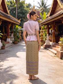 Zaforene Women's Floral Sequin Round Neck Short Petal Sleeve Blouse And Geometric Pattern Skirt Elegant Romantic Set Wedding Dinner Light Pink Gold Summer - Bubblegum Pink - View 3